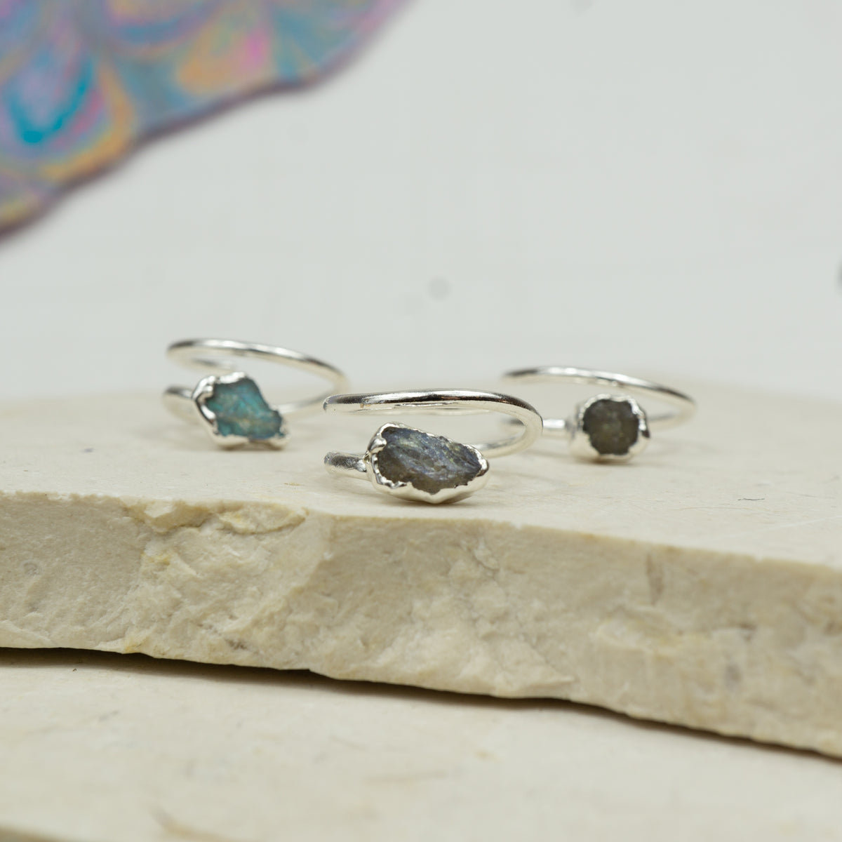 Silver Labradorite Corkscrew Rings