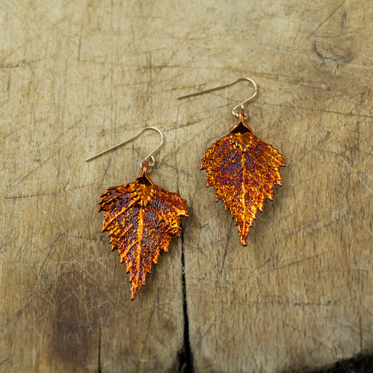 real small birch leaf earrings in copper