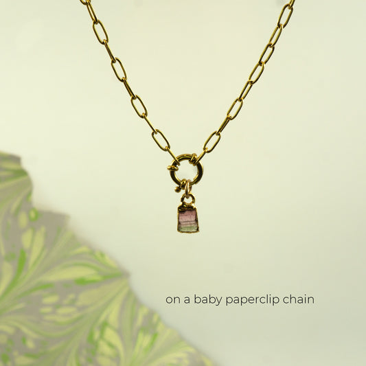 A gold paperclip chain necklace with a small charm featuring pink and green striped Watermelon Tourmaline crystal