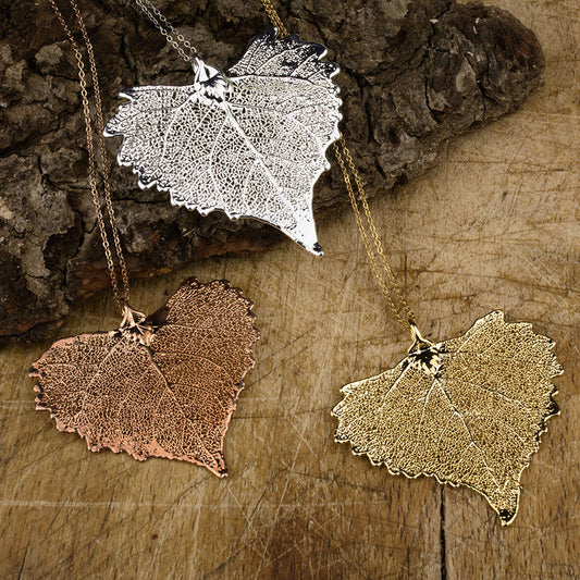 real cottonwood leaf pendant in rose gold, silver and gold on chains