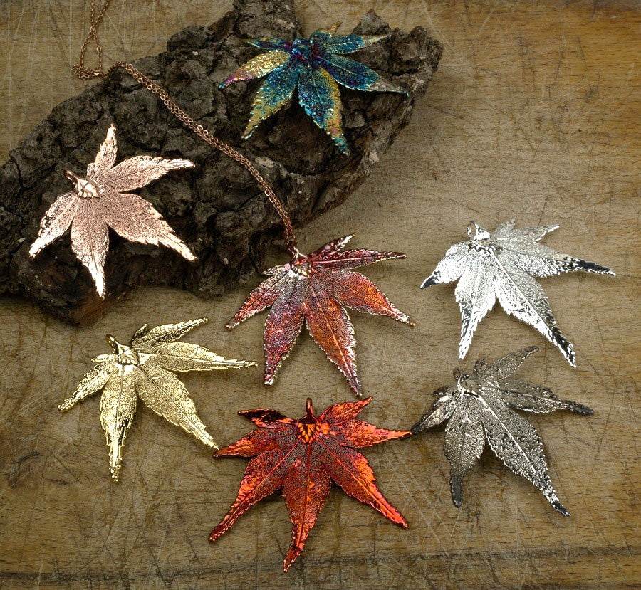 real Japanese maple leaf pendant in gold, rose gold, silver and our blue and copper patinations.