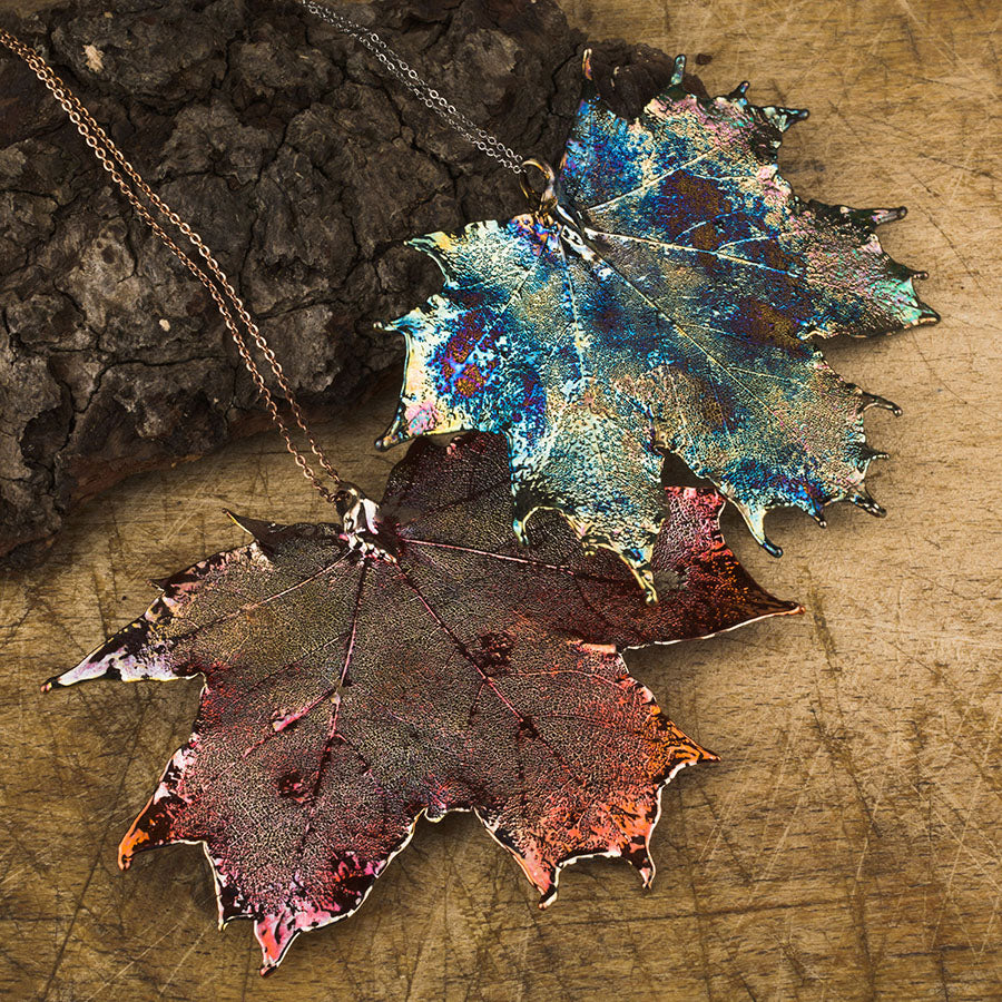 real Canadian maple leaf pendant in blue and copper patinations on chains