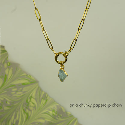 Gold chunky paperclip chain necklace with a Aquamarine teardrop pendant 