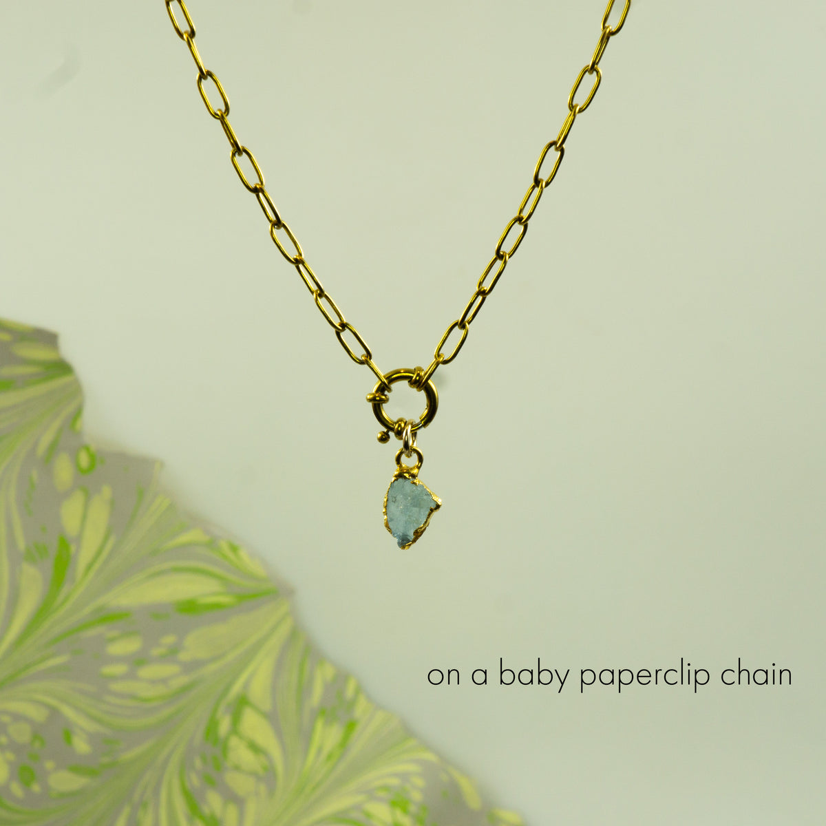 Gold Aquamarine pendant with baby paperclip chain option.