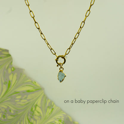 Gold Aquamarine pendant with baby paperclip chain option.