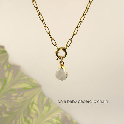 A gold paperclip chain necklace with a small gold ring clasp and a faceted white teardrop Rainbow Moonstone gemstone pendant.