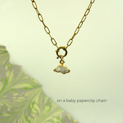 A gold paperclip chain necklace with a small gold ring clasp holding a flat, irregularly shaped pale gray Rainbow Moonstone pendant,.