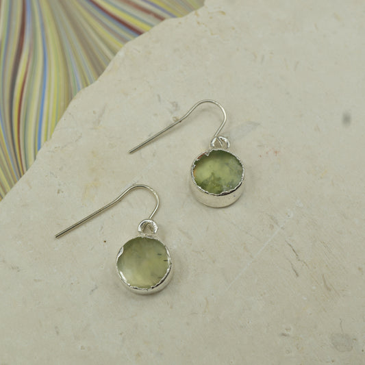 Round raw Blue amazonite earrings on hooks finished in silver