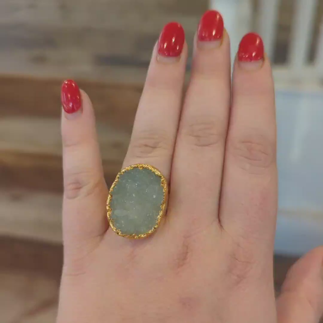 Handmade Gold Electroplated Geode Druzy Ring – Adjustable Agate Jewelry