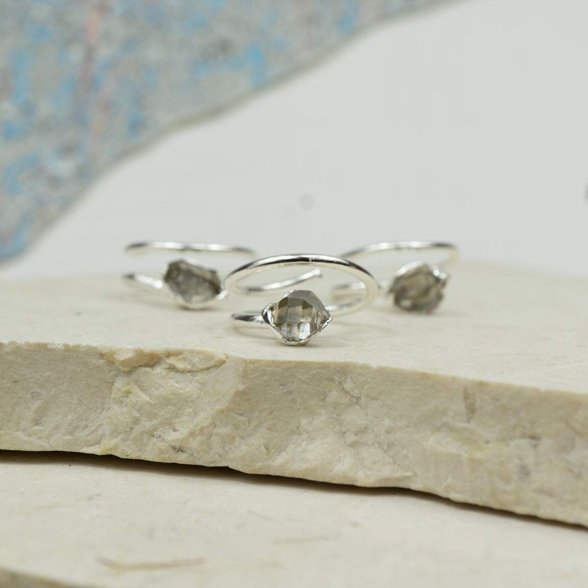 Silver Herkimer Diamond Corkscrew Rings