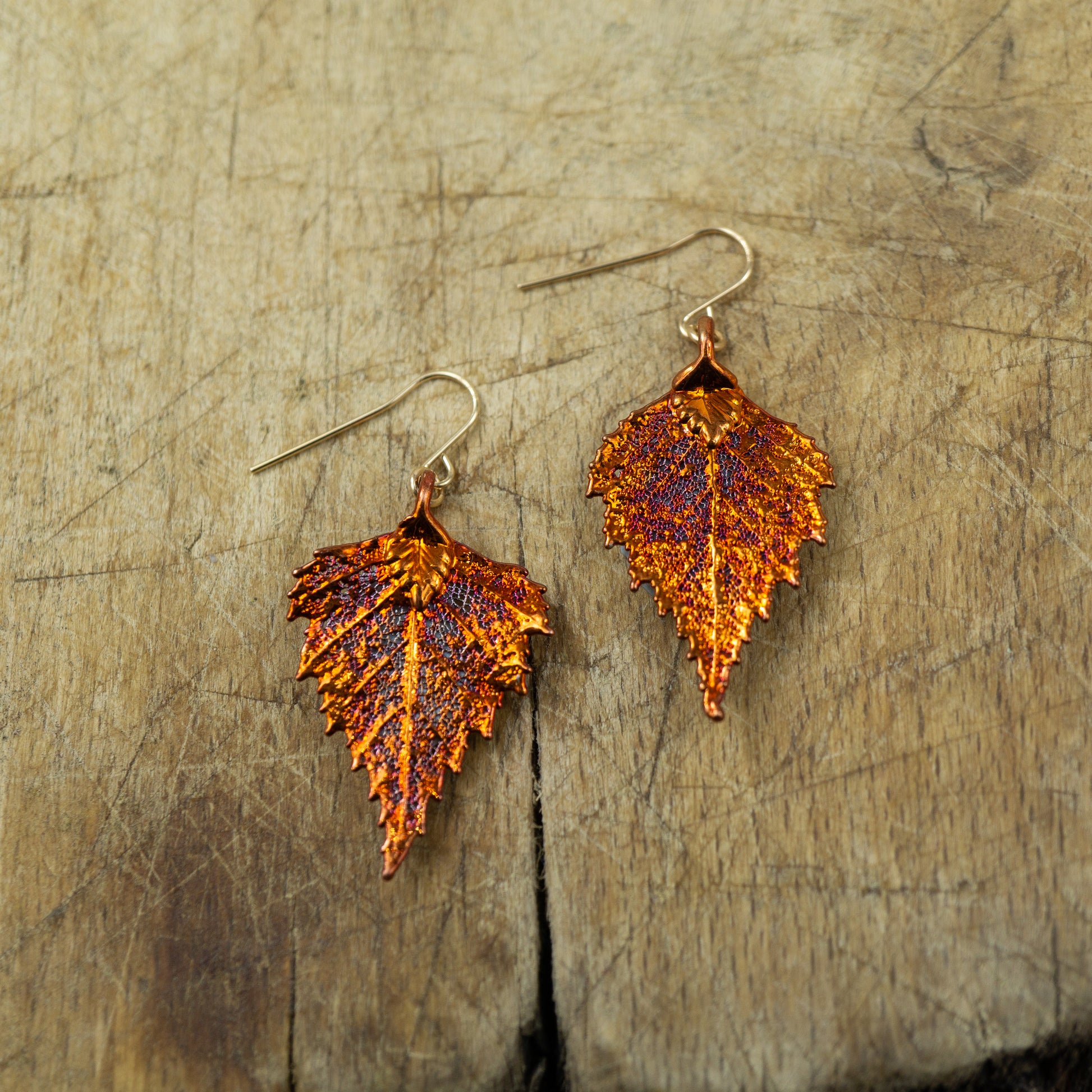 real  small birch leaf earrings in copper