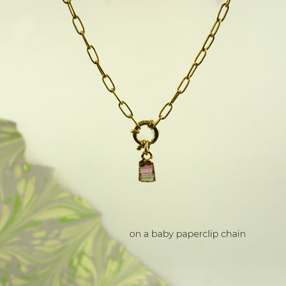 A gold paperclip chain necklace with a small charm featuring pink and green striped Watermelon Tourmaline crystal