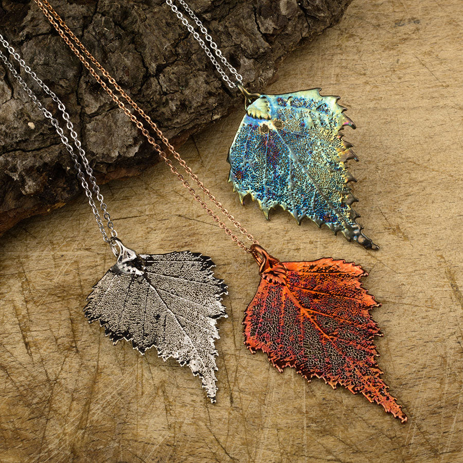real birch leaf pendant in silver and our copper and blue patinations.