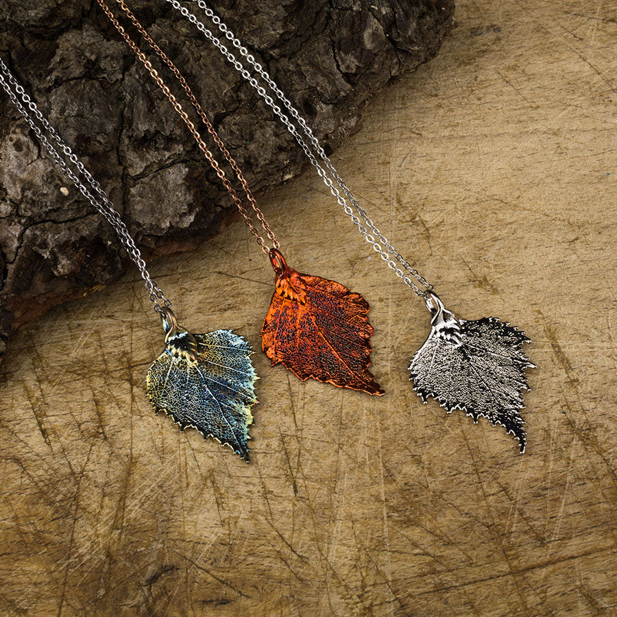 real birch leaf pendant in silver and our blue and copper patinations. 