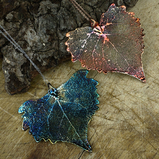 Real cottonwood leaf pendant in copper and blue patinations.