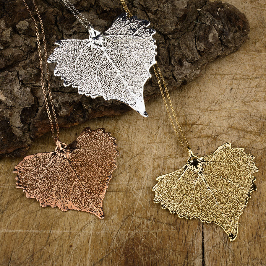 real cottonwood leaf pendant in rose gold, silver and gold on chains 