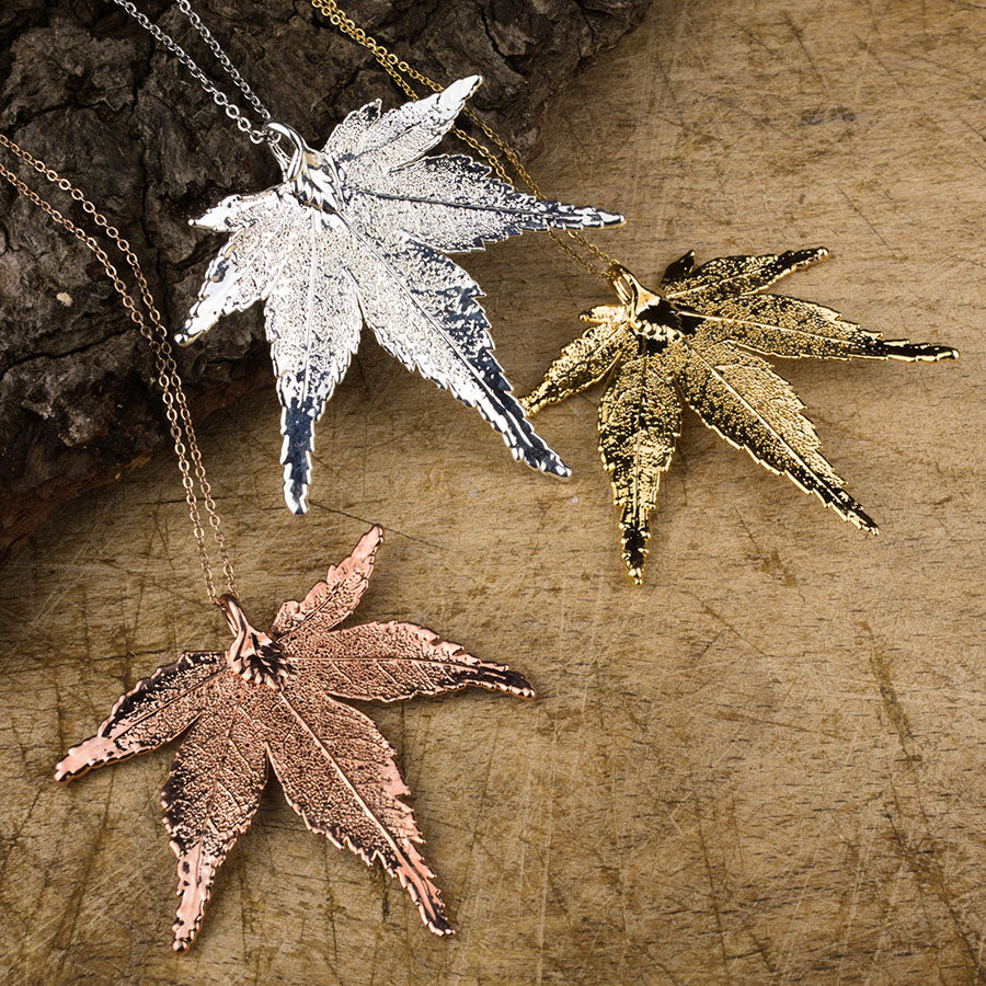 real Japanese leaf pendant in gold, silver and rose gold on chains 