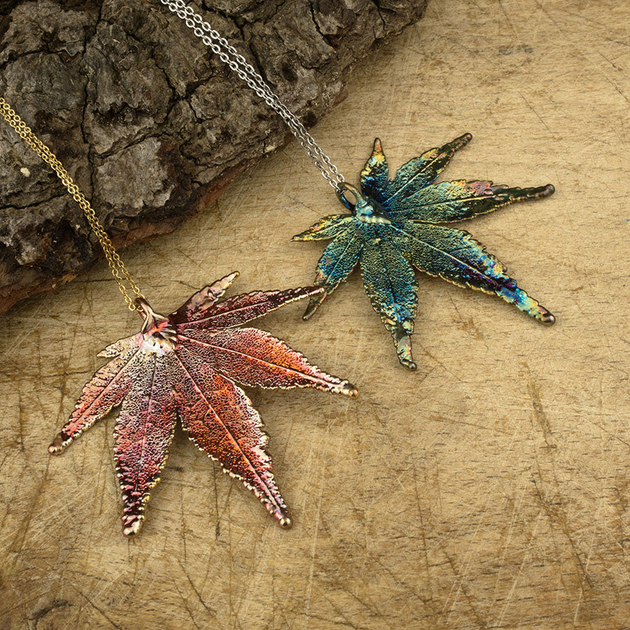 real Japanese maple leaf pendant in copper and blue patinations on chains. 