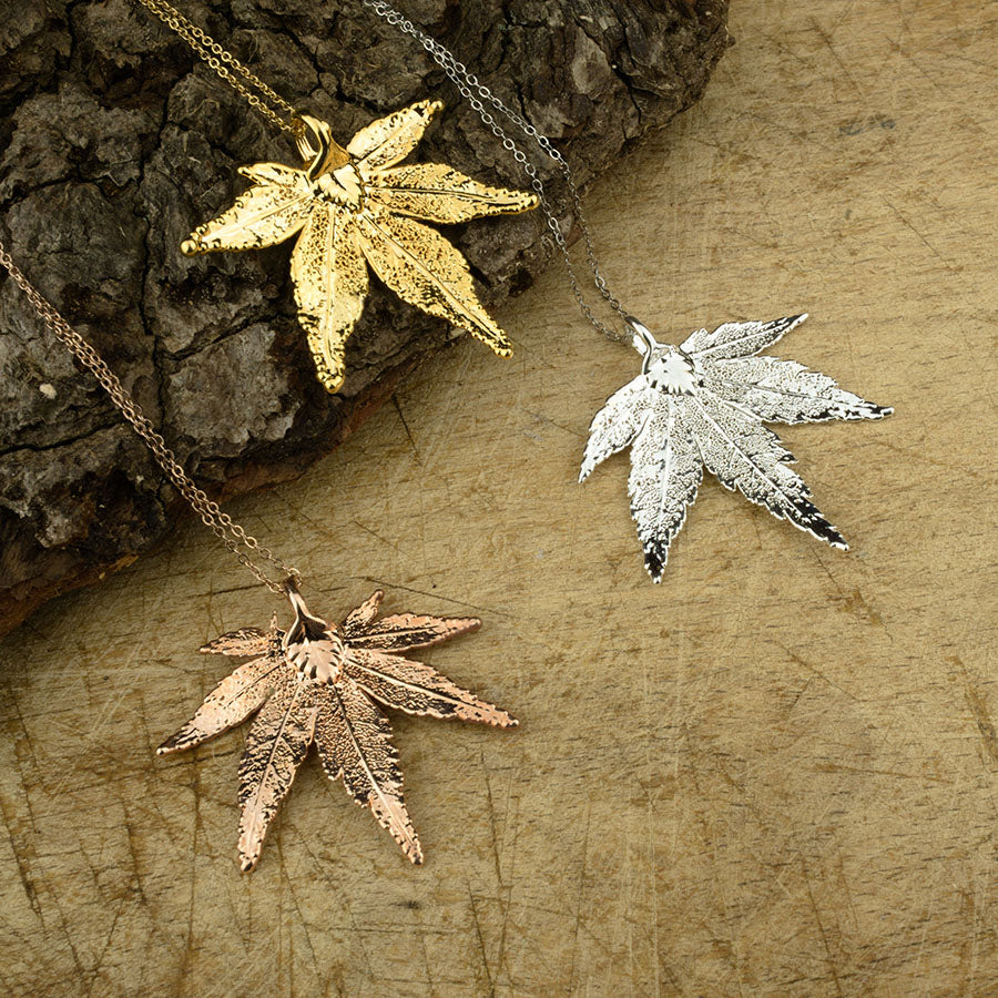 real Japanese maple leaf pendants in rose gold, gold and silver on chains