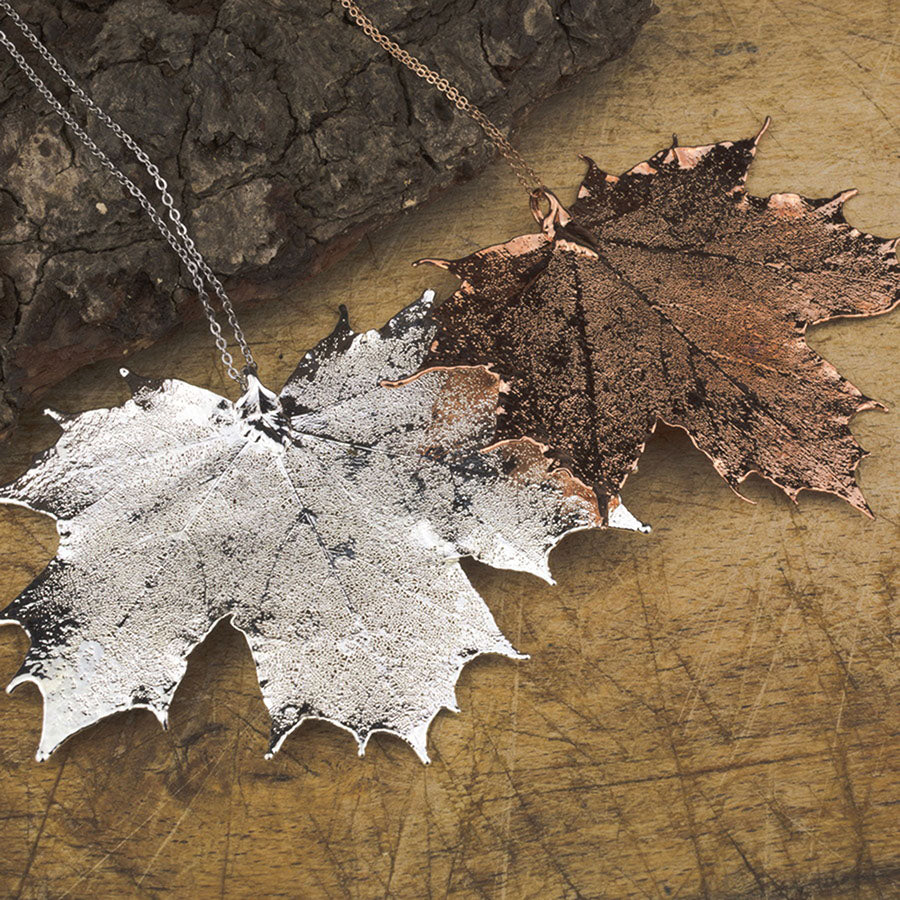 real Canadian maple leaf pendant in silver and rose gold on chains 