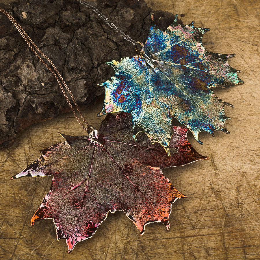 real Canadian maple leaf pendant in  blue and copper patinations on chains