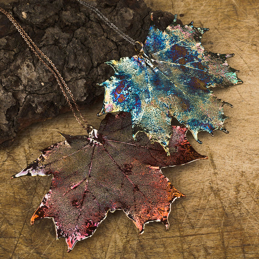 real Canadian maple leaf pendant in  blue and copper patinations on chains