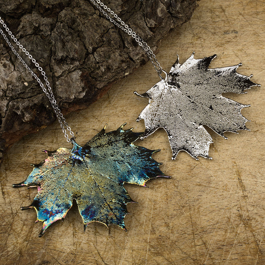 real Canadian maple leaf pendant in silver and our blue patinationn on chains