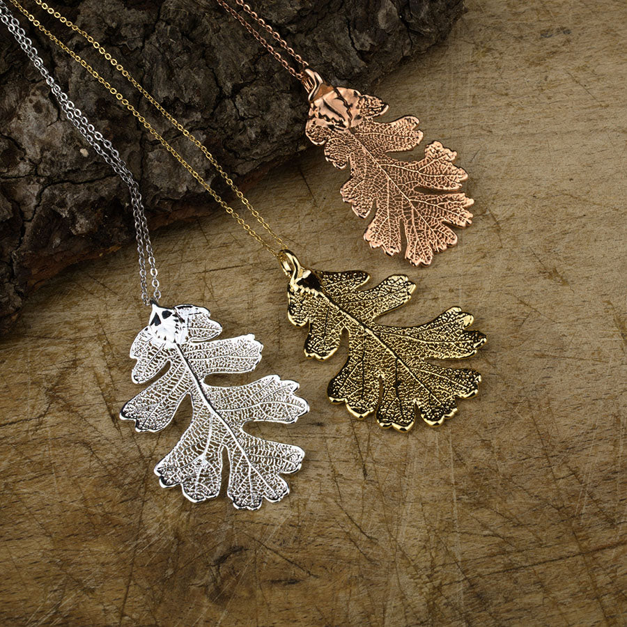 real oak leaf pendant in silver, gold and rose gold on chains